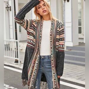 L.I.B New York Multicolor Fringe Cardigan Sweater Longline Boho Knit